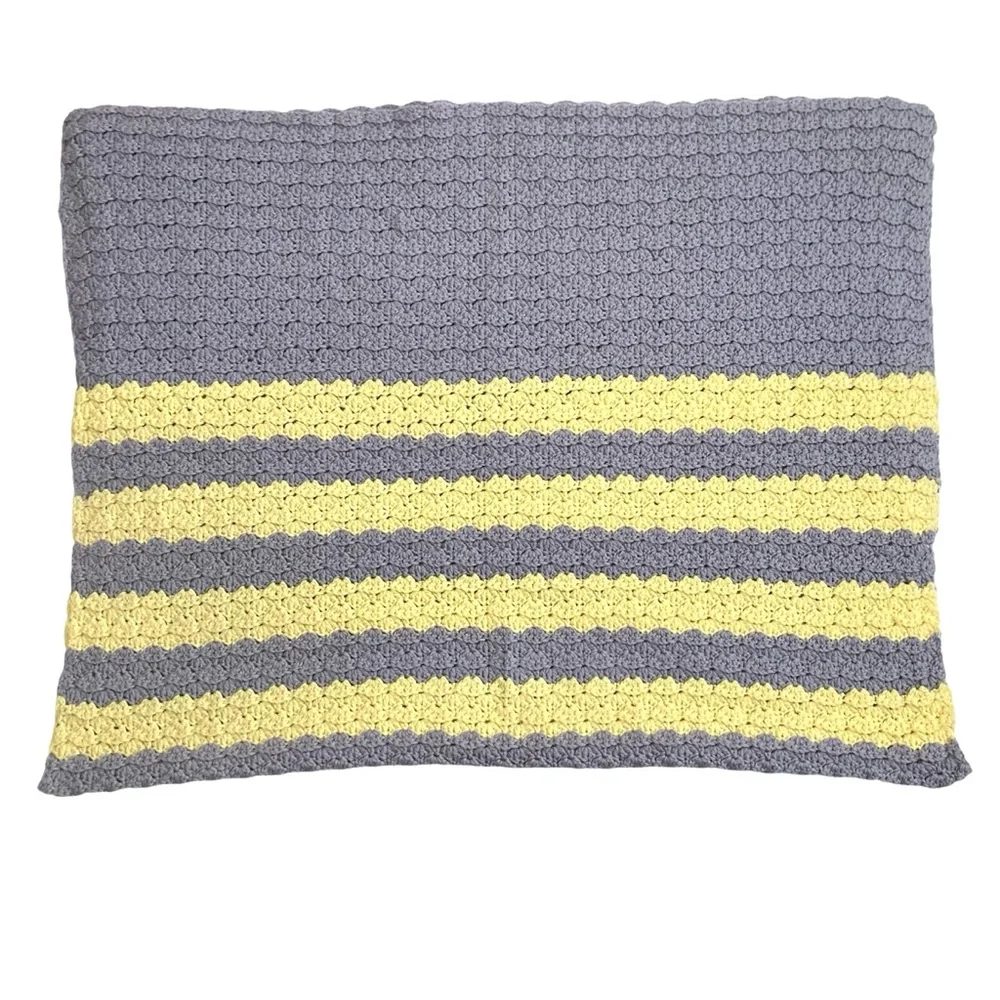Vintage Unisex Hand Knitted Crocheted Baby Blanket Blueish Gray Yellow 36x48”